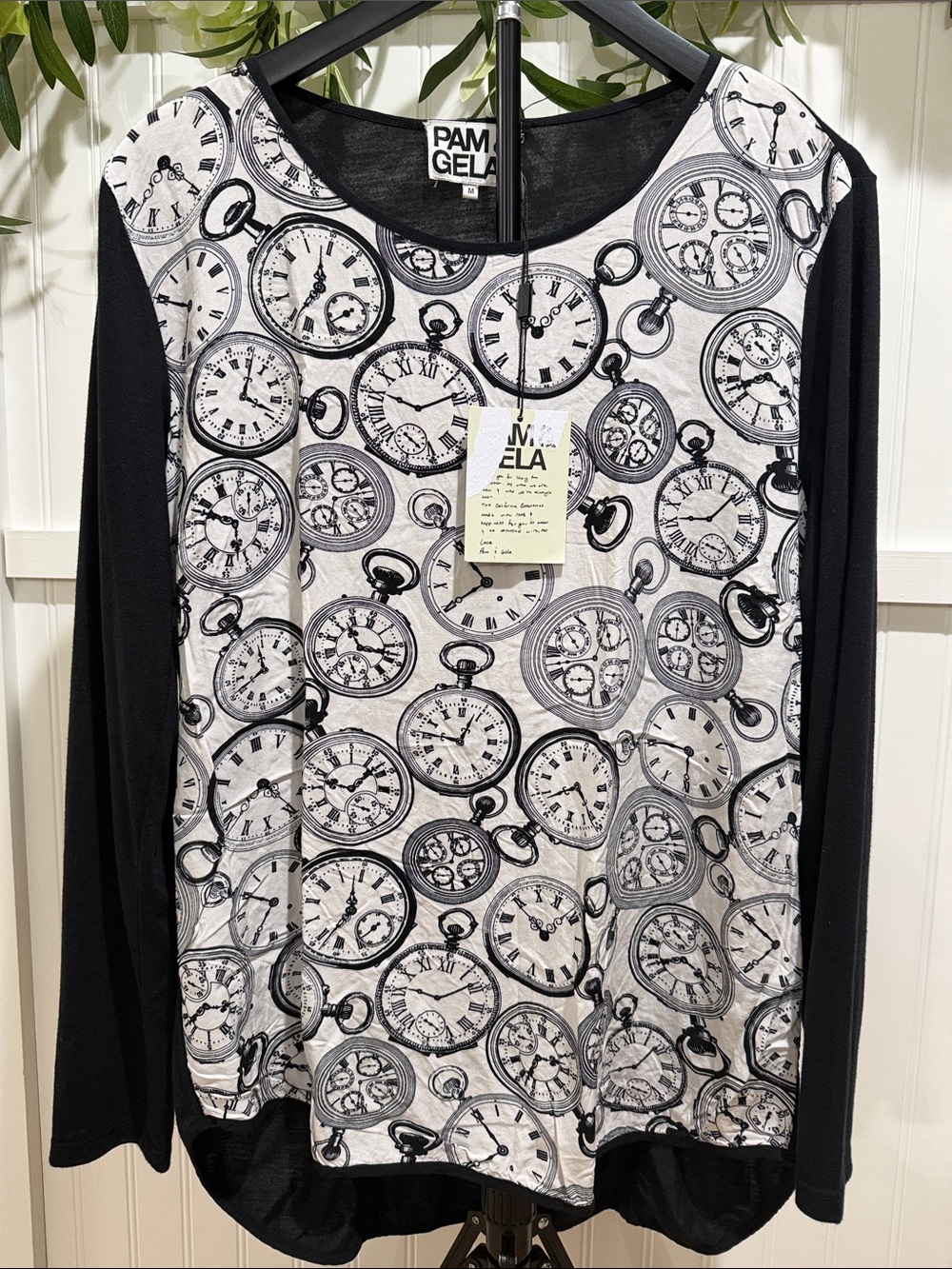 NWT! #1052 PAM & GELA Black & White Pocket Watch Print Top EXTREMELY RARE!
